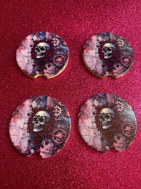 Skull & Roses Car Coaster Set - Gothic Gear Design in Red